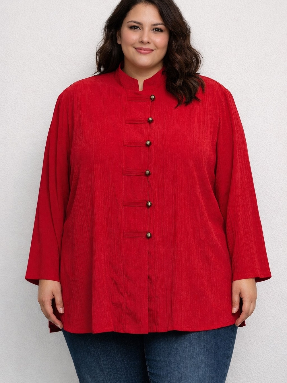 Plus-Size Red Button-Front Mandarin Collar Shirt